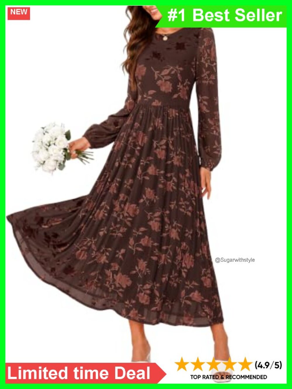 Floral Midi Dress Long Lantern Sleeve A-Line Wedding Guest Fall Boho